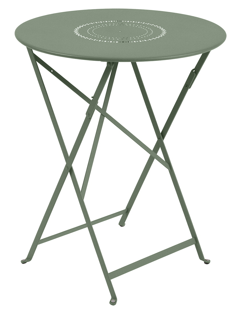 Floréal Tisch Outdoor von Fermob, runder Gartentisch aus Metall in Grün mit filigranem Muster.