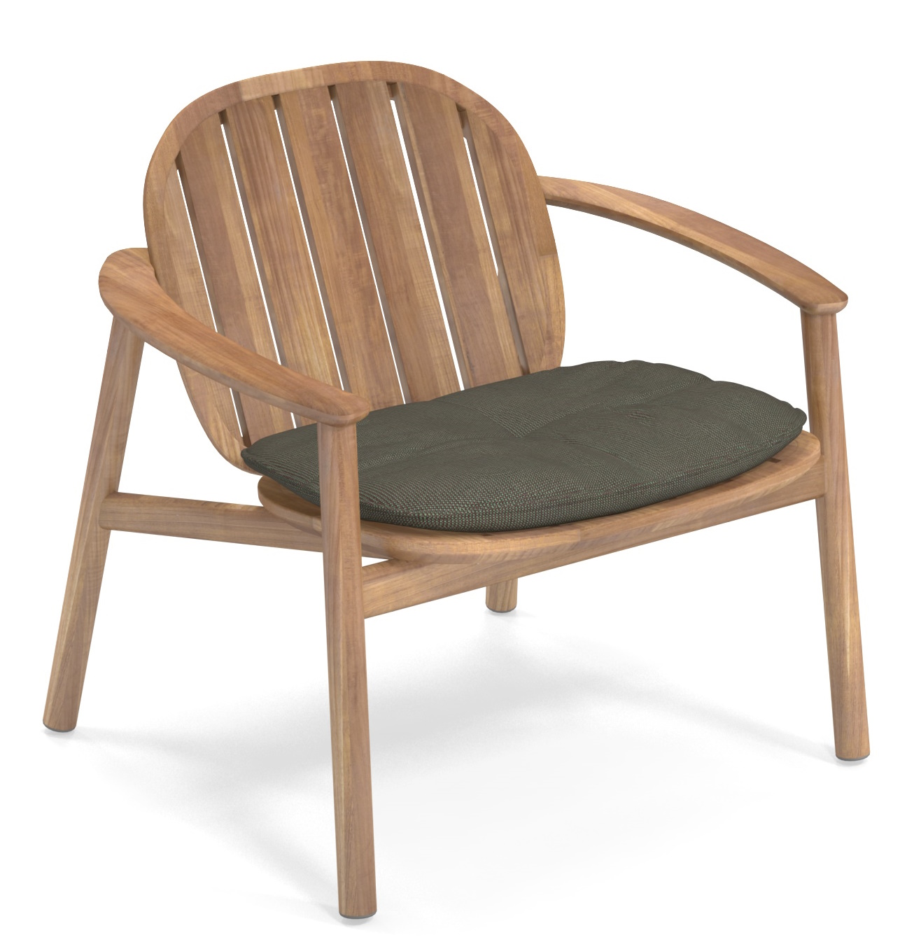 Twins Lounge Chair von Emu, Outdoor Armlehnstuhl aus Holz mit grauem Sitzkissen.