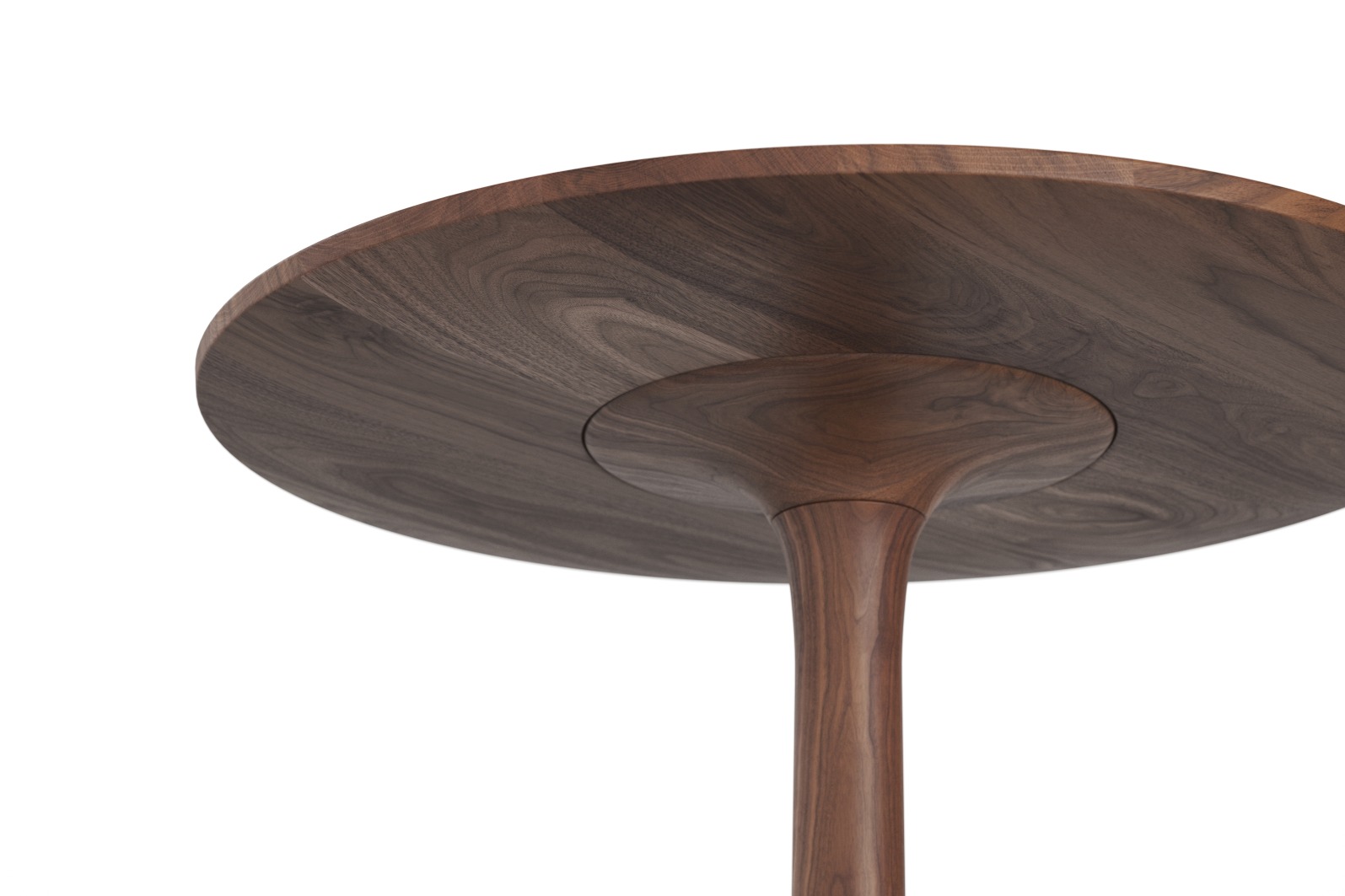 Detailaufnahme des Turntable Couch Beistelltisches Zeitraum aus dunklem Holz mit runder Tischplatte und schlankem Fuß.