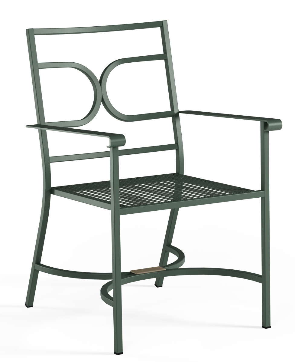 Collier Armchair Armlehnenstuhl Outdoor von Emu, grüner Metallstuhl mit Armlehnen und durchbrochener Sitzfläche für Garten und Terrasse.