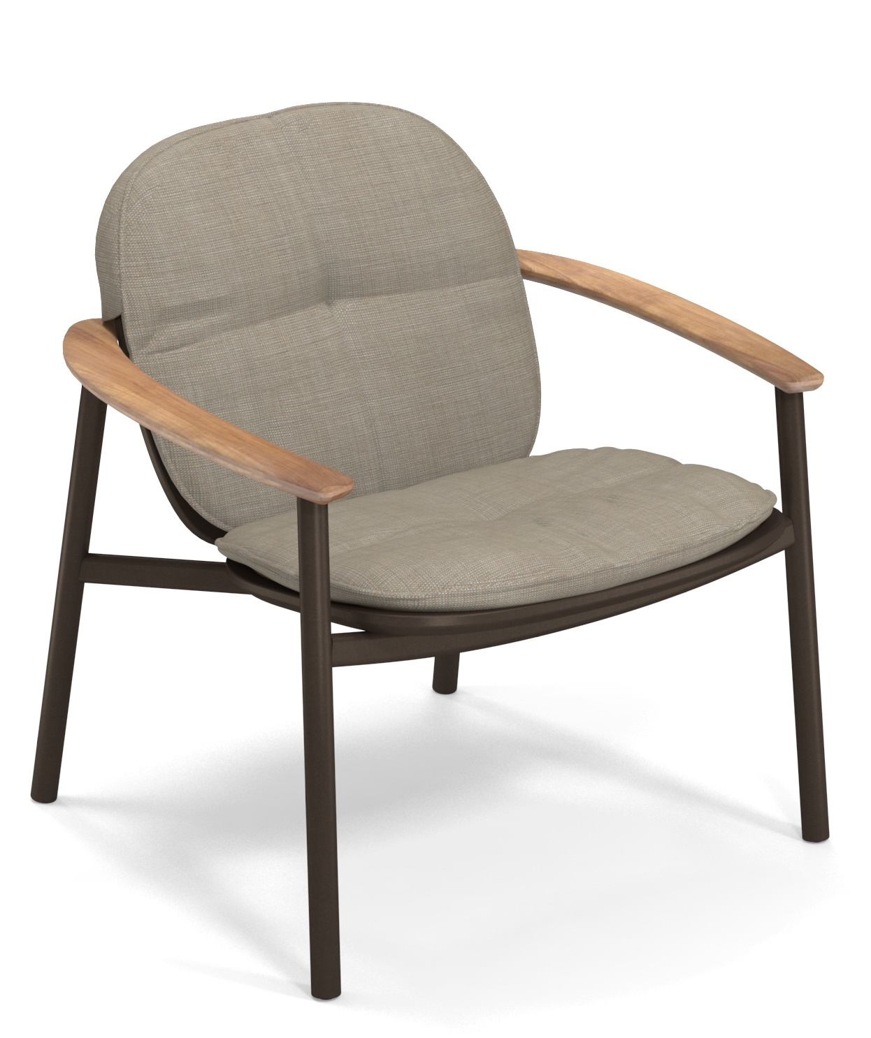 Twins Stuhl Outdoor Emu mit braunem Metallgestell, Holzarmlehnen und beigen Sitz- und Rückenkissen.