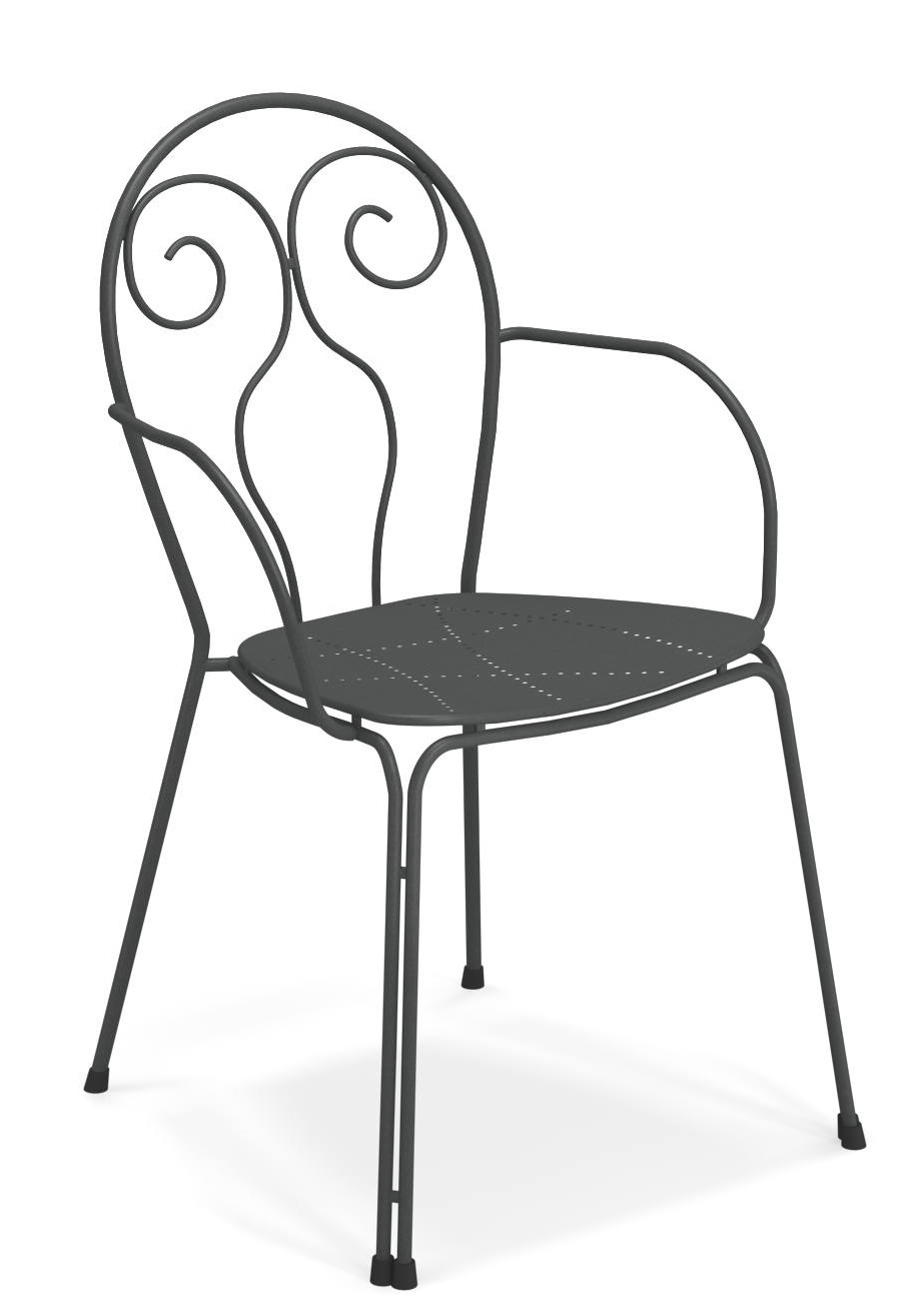 Caprera Stuhl von Emu für den Außenbereich, aus grauem Metall mit geschwungenem Design.