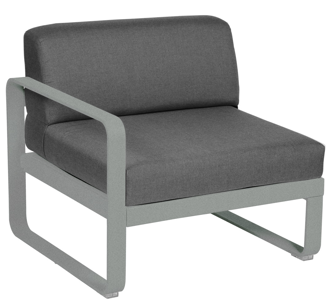 Graues Bellevie 1-Sitzer Modul Outdoor Sofa von Fermob mit Armlehne links, ideal für Garten und Terrasse.