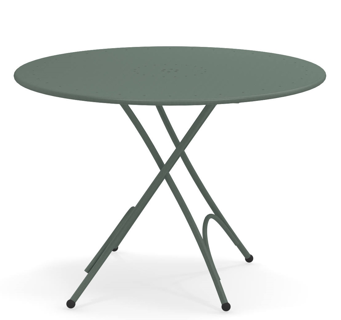 Emu Pigalle Klapptisch Outdoor, runder Gartentisch aus Metall in Salbeigrün, ideal für Balkon und Terrasse.