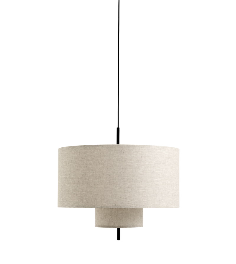 New Works Margin Pendelleuchte Ø50cm: Stoffschirm in Beige, moderne Hängeleuchte für Wohnzimmer und Esszimmer.