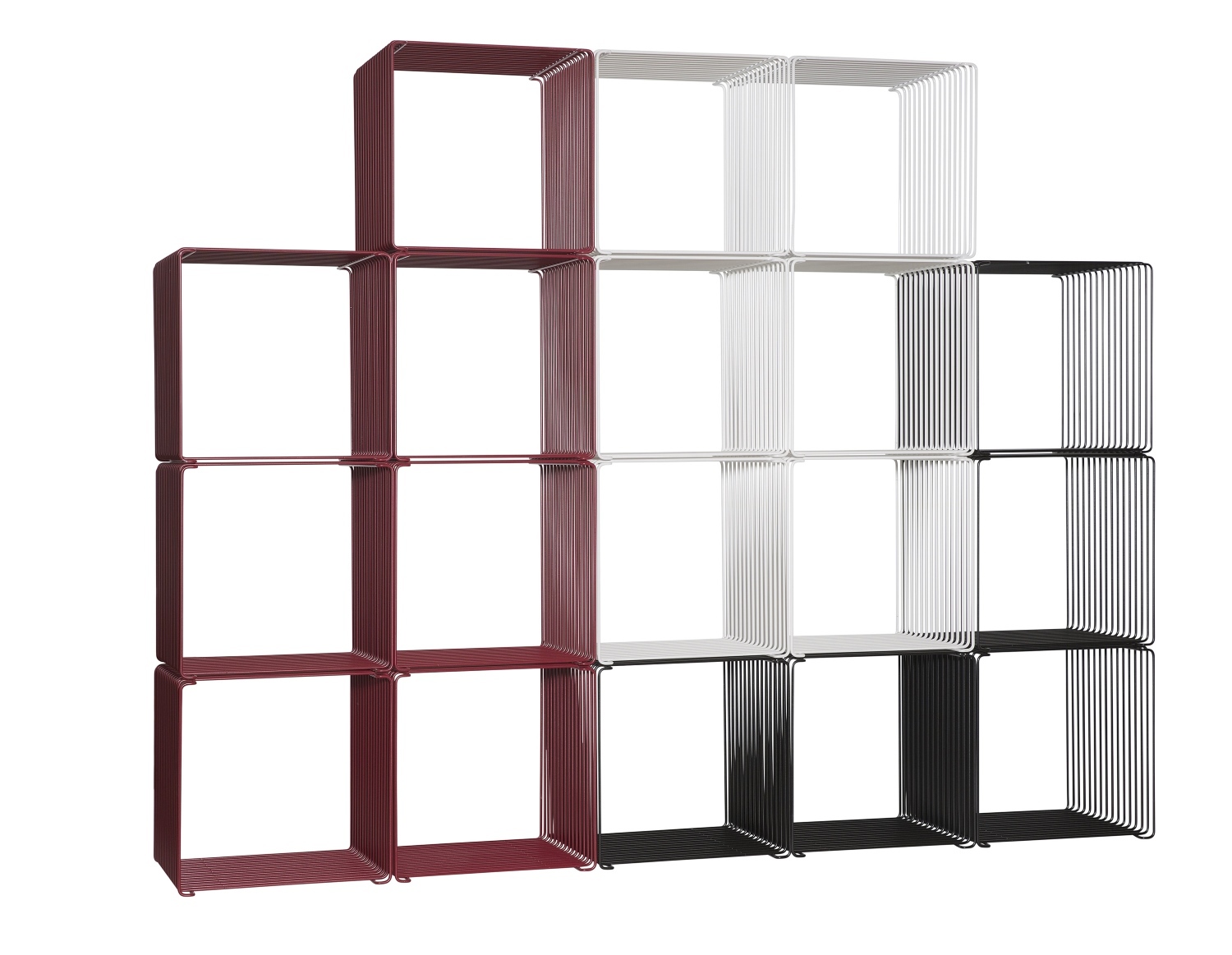 Montana Wire Cube Drahtregal in Burgunderrot, Weiß und Schwarz, gestapelt als modulares Regalsystem.