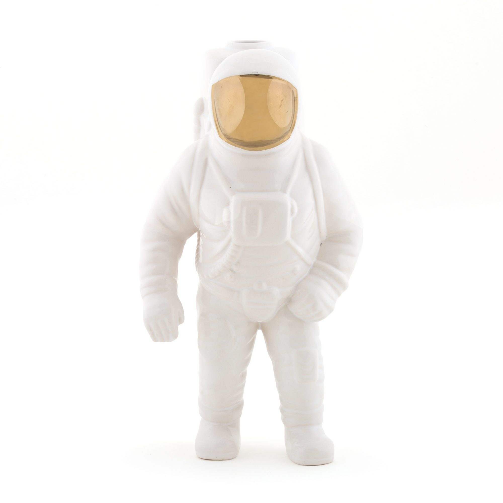 Weiße Starman Vase von Seletti in Form eines Astronauten mit goldenem Visier.