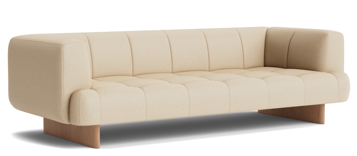 Beige Quilton Lift Sofa von Hay, modernes 3-Sitzer Sofa mit Polsterung und Holzfüßen für Wohnzimmer.