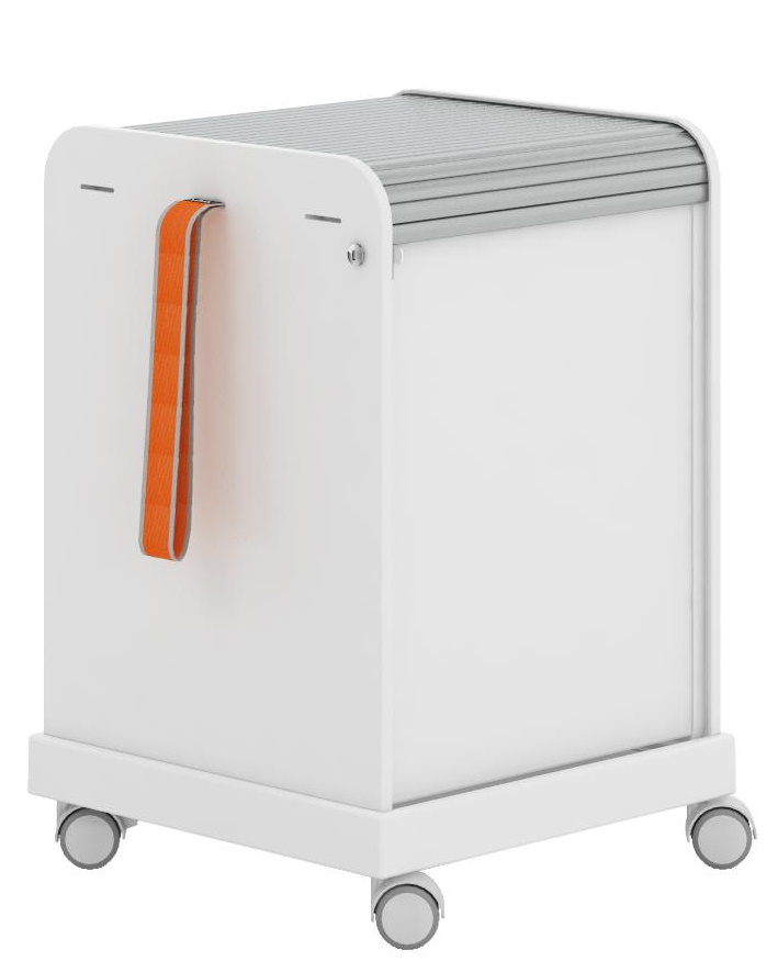 Weißer Vitra Rollcontainer "Follow Me" mit grauem Rollladen und orangefarbenem Griff, ideal für Büro und Homeoffice.
