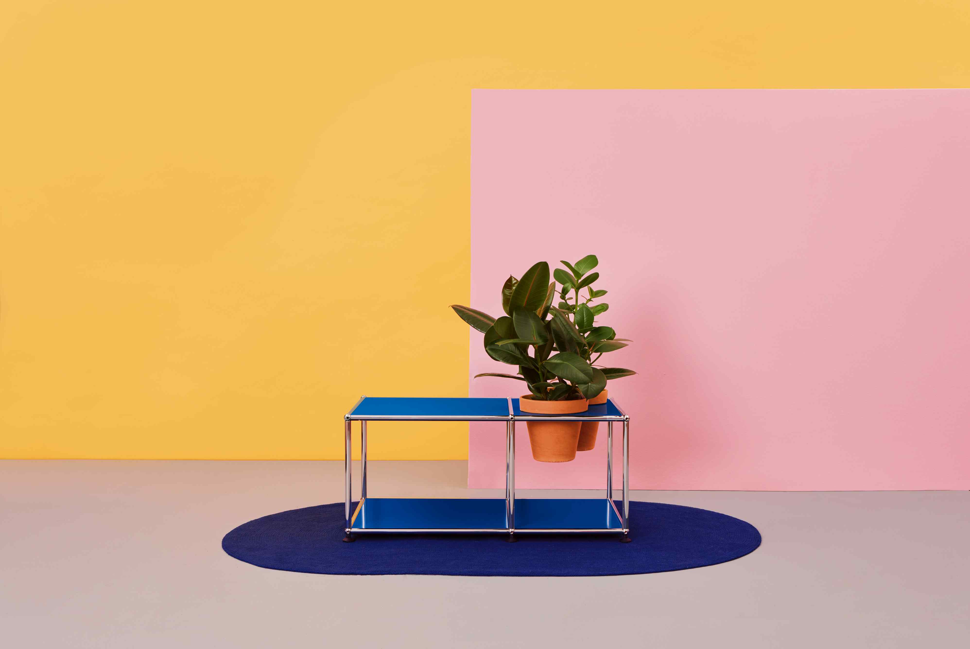 Pflanzenwelten: Blauer USM Haller Beistelltisch mit Zimmerpflanze vor gelbem und pinkem Hintergrund. Moderner Designklassiker.
