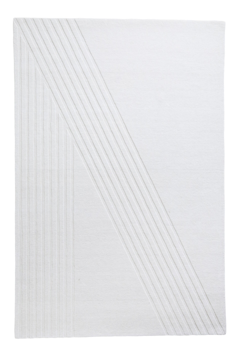 Weißer Kyoto Teppich (200x300 cm) von Woud mit geometrischem Linienmuster für Wohnzimmer und Schlafzimmer.