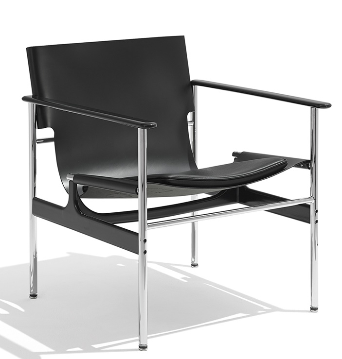 Schwarzer Pollock Sessel von Knoll International mit Lederbezug und verchromtem Stahlgestell, modernes Design.