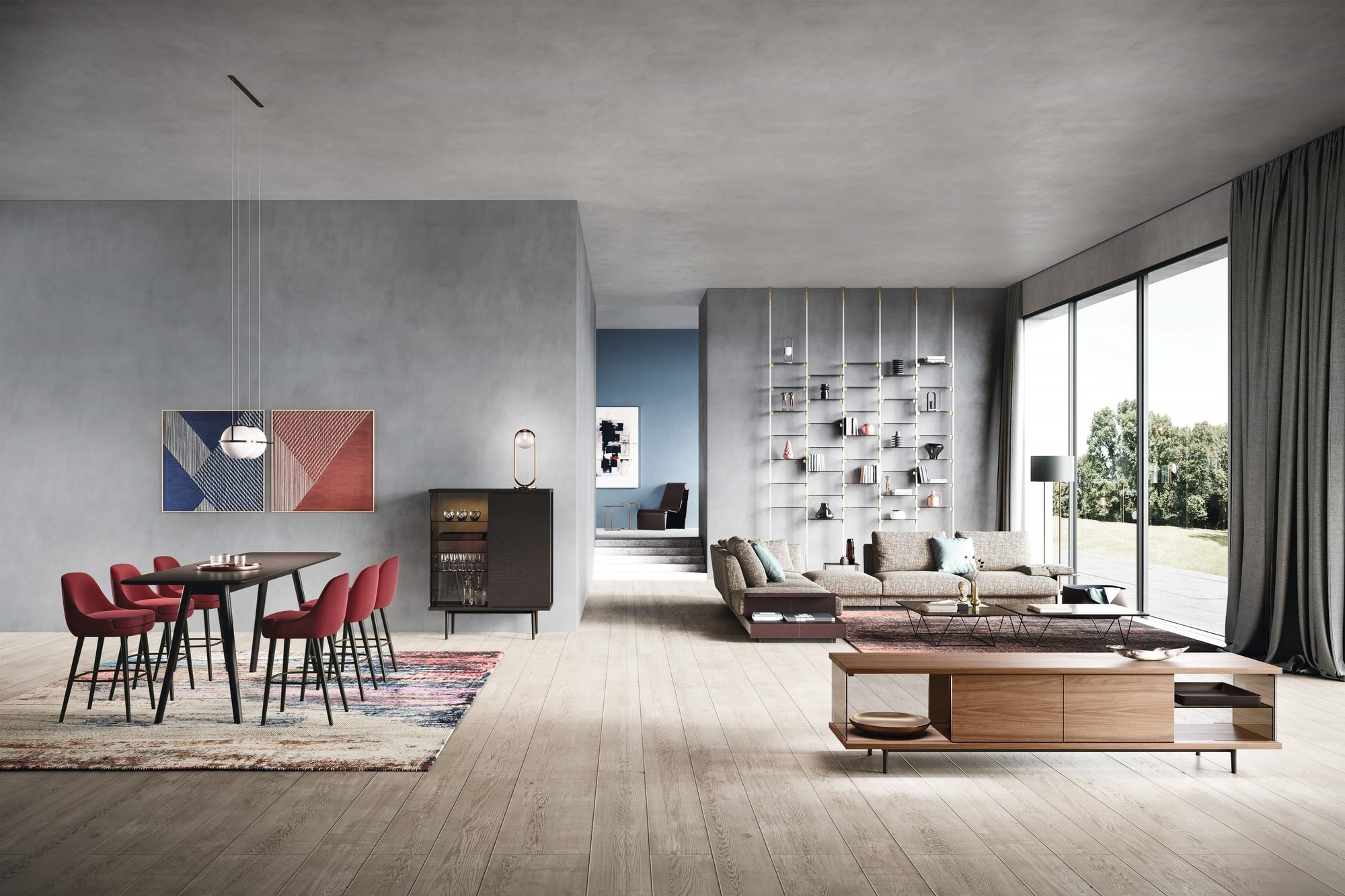 Oki Beistelltisch von Walter Knoll im modernen Wohnzimmer mit Sofa und Bücherregal.