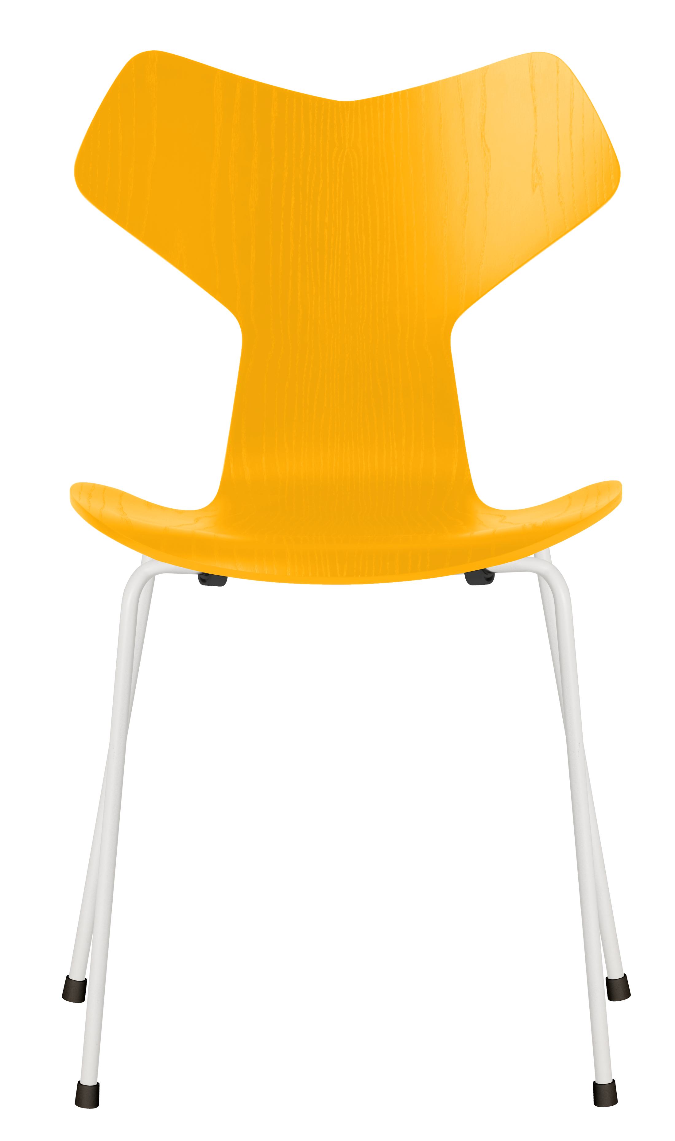 Gelber Fritz Hansen Grand Prix Stuhl mit weißem Stahlgestell, moderner Designklassiker für Esszimmer und Büro.
