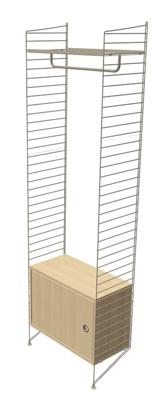 Flur String Regal mit Kleiderstange und Schrankelement, modernes skandinavisches Design für die Garderobe.