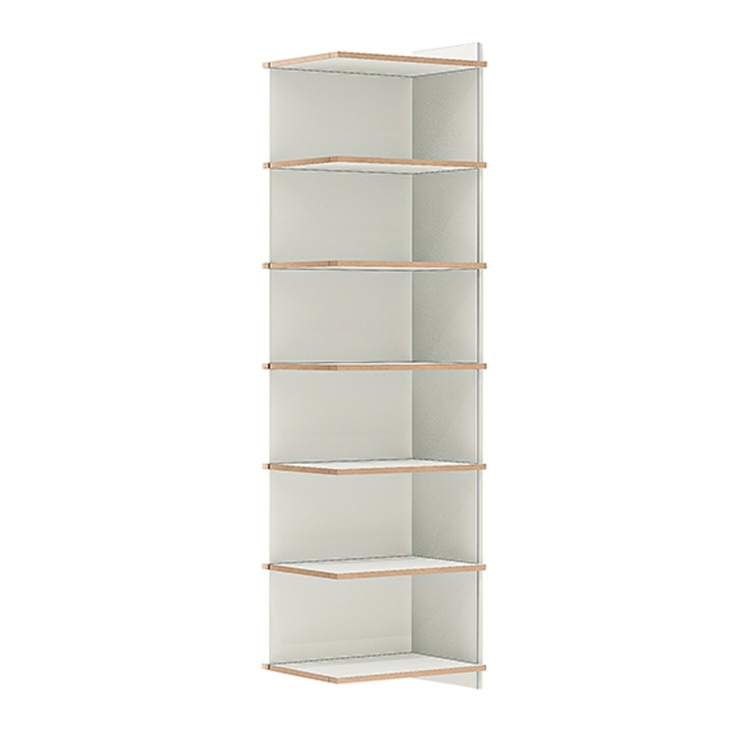 Tojo Regal: Weißes, sechsfaches Anbaumodul mit Holzrahmen für flexible Stauraumlösungen.