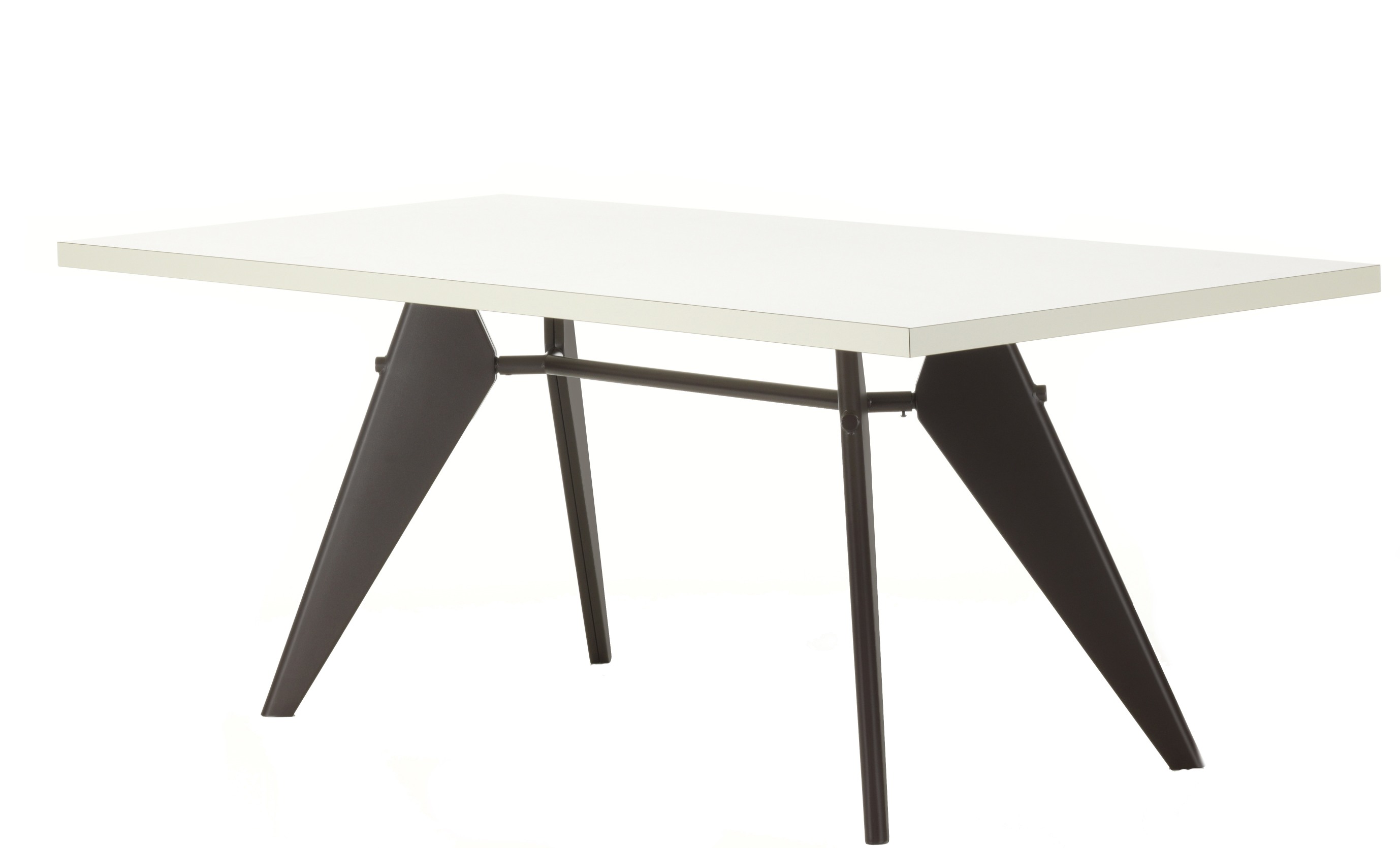 Vitra EM Table mit weißer HPL-Tischplatte und dunklem Untergestell, 90 x 220 cm.