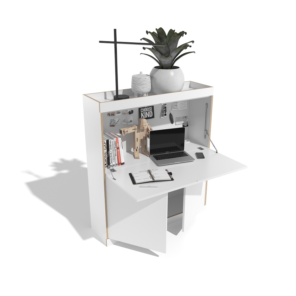 Weißer FLAI Sekretär von Müller Möbelwerkstätten mit Laptop, Lampe und Pflanze für das Home-Office.