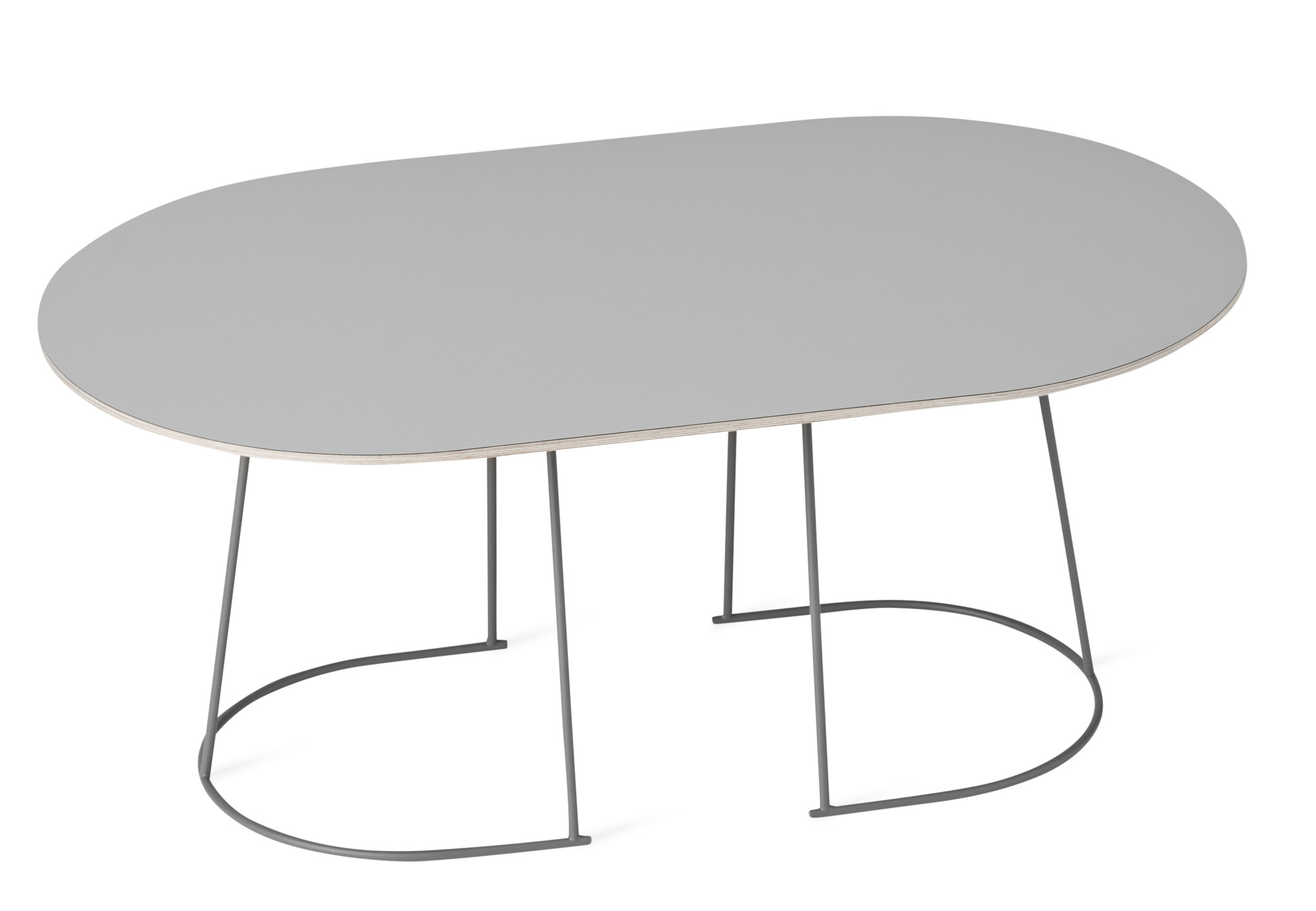 Airy Coffee Table von Muuto, Plum: Ovaler Couchtisch mit grauem Tischblatt und filigranem Metallgestell.