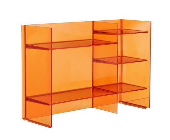 Orangefarbenes Kartell Sound-Rack Regalsystem aus transparentem Acrylglas, modernes Design für Wohnzimmer und Büro.