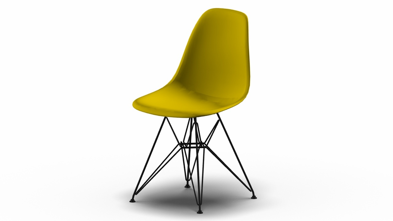 Eames Plastic Side Chair DSR in Senfgelb mit schwarzem Eiffelturm-Untergestell von Vitra.