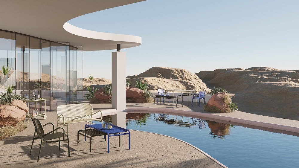 Week-End Garden Armchair Sessel Petite Friture Blush in modernem Outdoor-Ambiente am Pool.