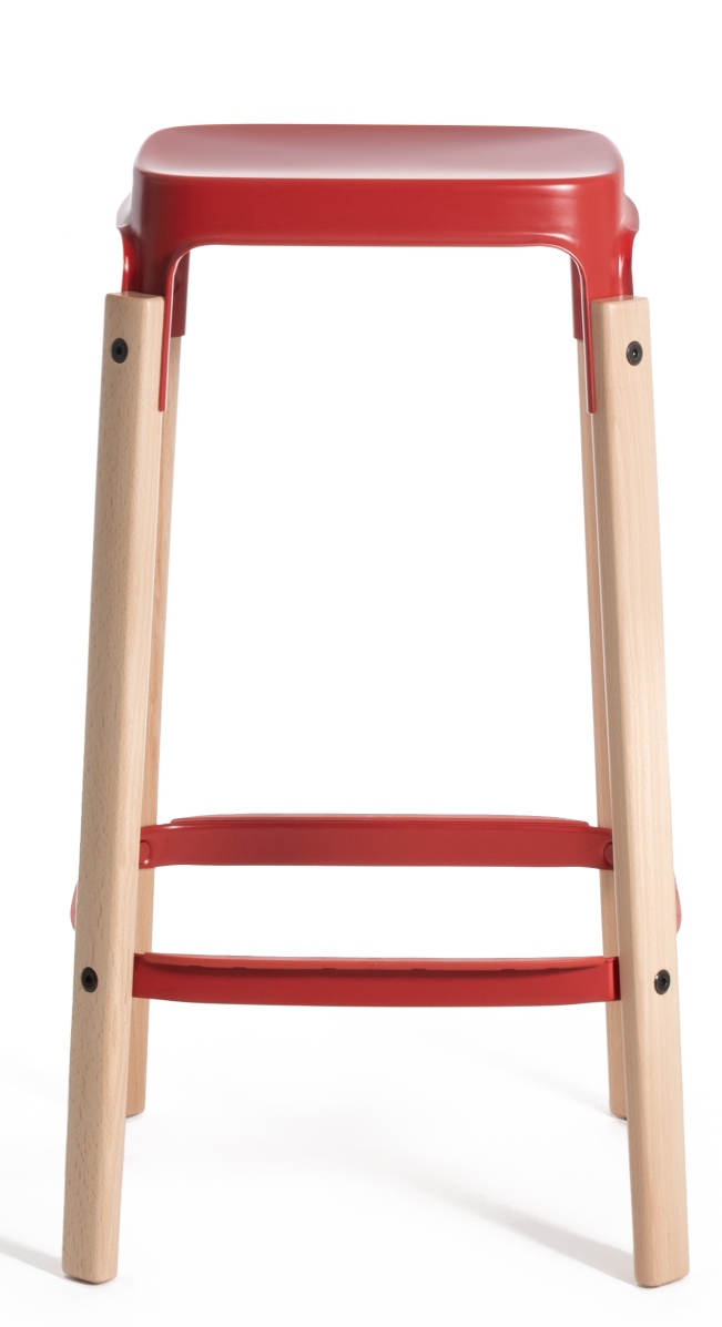 Roter Magis Steelwood Hocker mit Holzbeinen, modernes Design für Küche und Bar, Höhe 68 cm.
