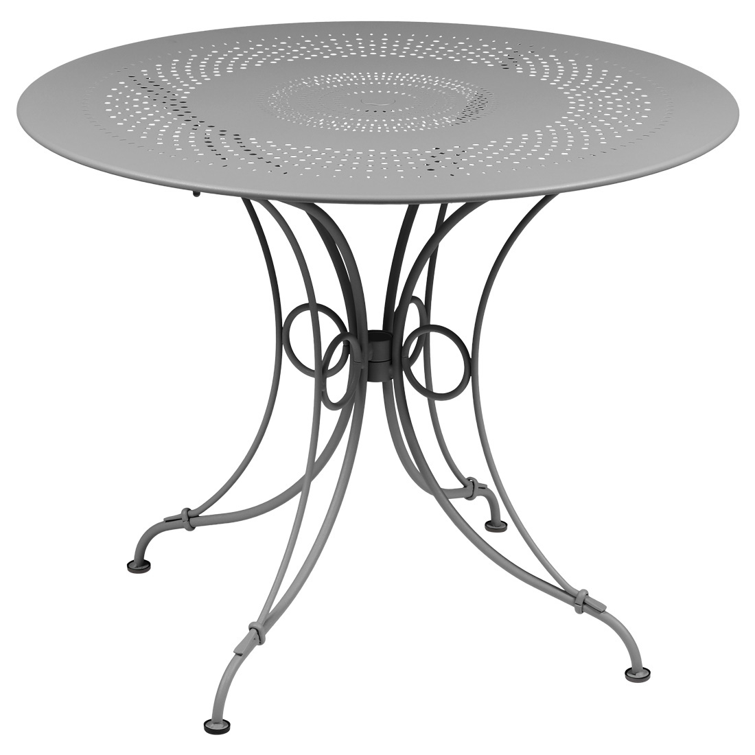 Grauer 1900 Fermob Gartentisch mit runder Tischplatte und filigranem Metallgestell für den Außenbereich.