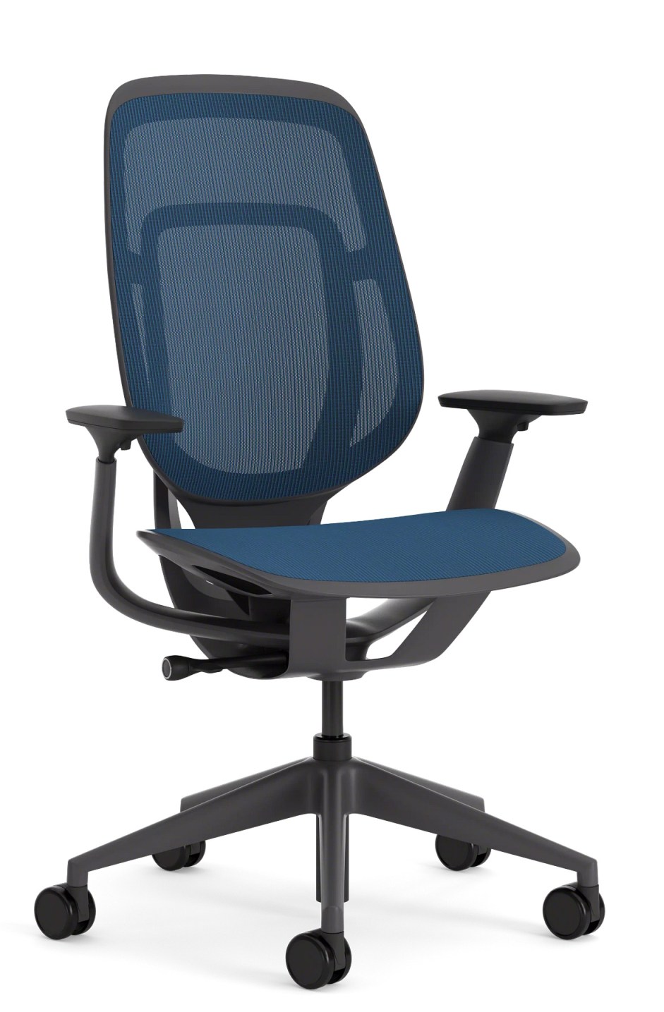 Karman Bürodrehstuhl von Steelcase mit blauer Sitzfläche und Rückenlehne aus Netzstoff.