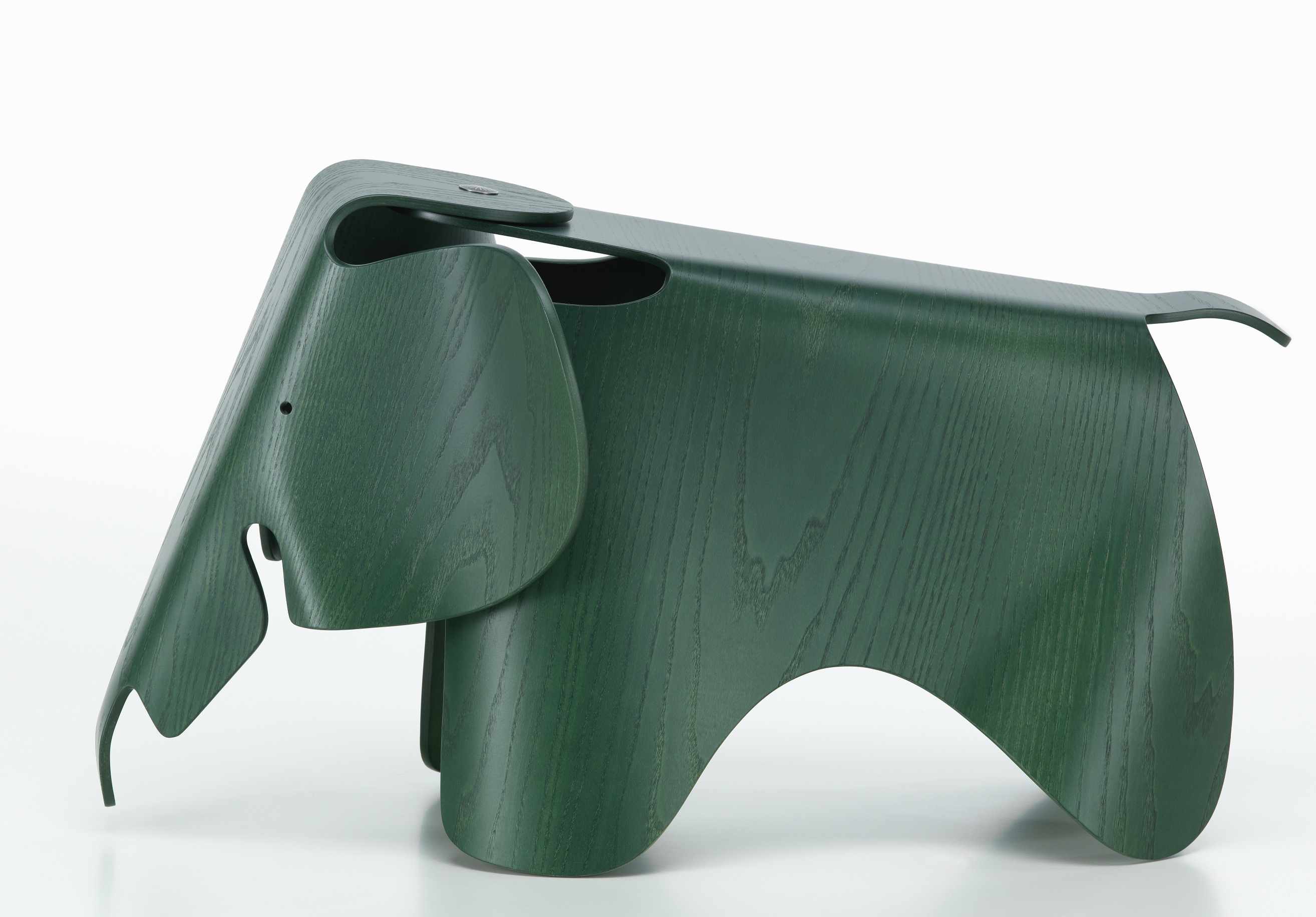 Dunkelgrüner Eames Elephant Hocker aus Holz, ein Designklassiker für Kinderzimmer und Wohnbereich.
