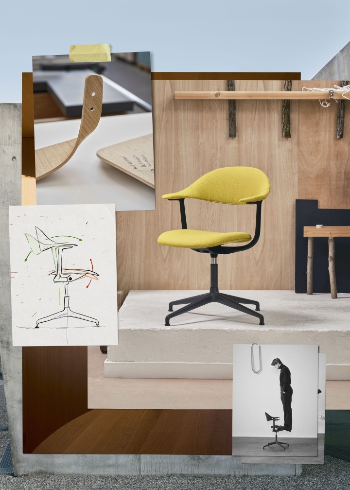 Mynt Bürodrehstuhl von Vitra mit gelbem Sitz und Rückenlehne vor abstraktem Hintergrund.