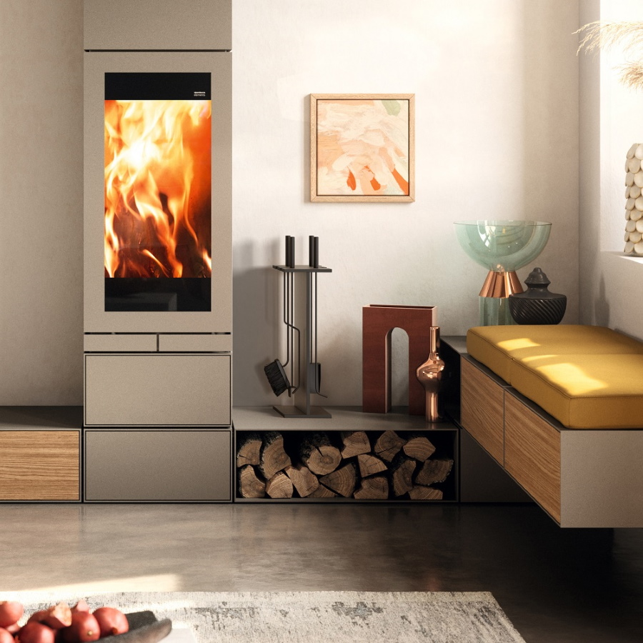 Moderner Kaminofen mit Holzfach und Kaminbesteck in stilvollem Wohnzimmerambiente. Gemütliche Wärme und modernes Design für Ihr Zuhause.