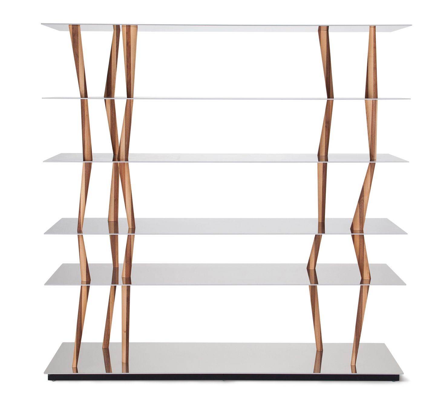 Sendai Regal mit Holzstreben und vier Glasböden, modernes Design für Wohnzimmer.