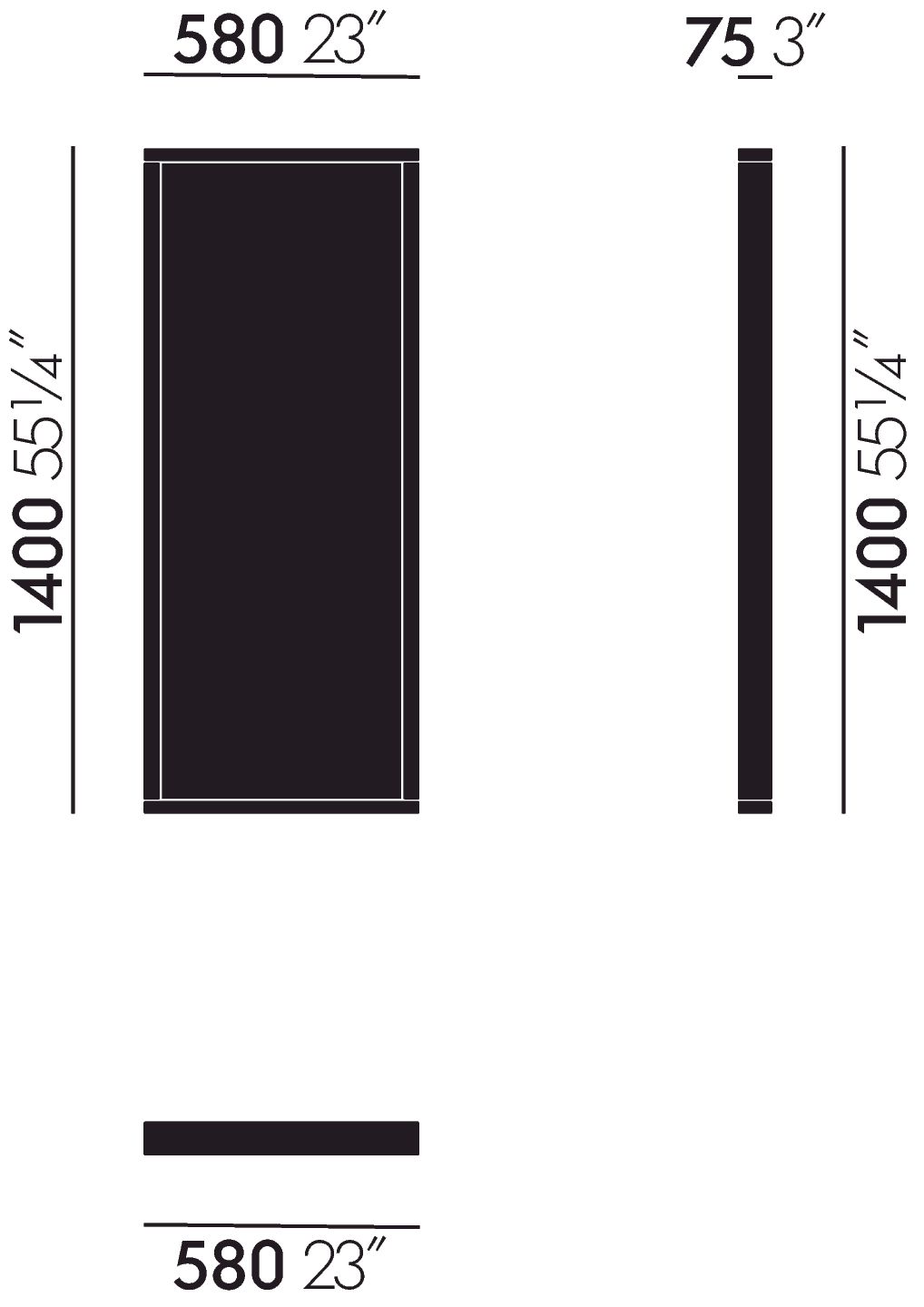 Colour Frame Mirrors Spiegel Vitra: Technische Zeichnung mit Maßen in Millimeter und Zoll.