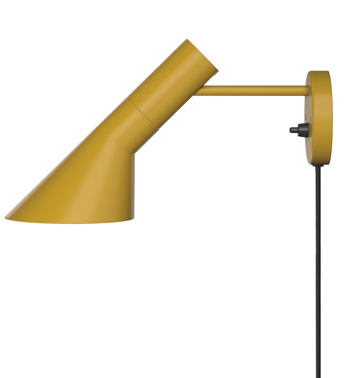 Gelbe AJ Wandleuchte von Louis Poulsen, skandinavisches Design für Schlafzimmer und Wohnzimmer, mit Schalter.