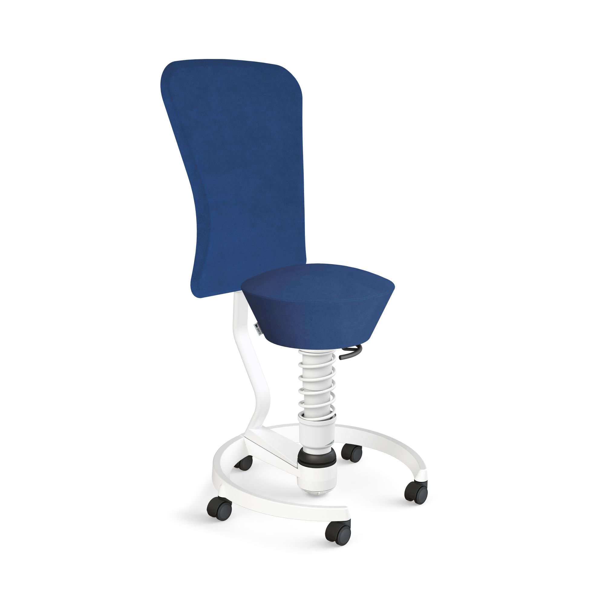 Blauer Swopper Bürostuhl mit Rückenlehne und weißem Federbein für ergonomisches Sitzen im Büro.