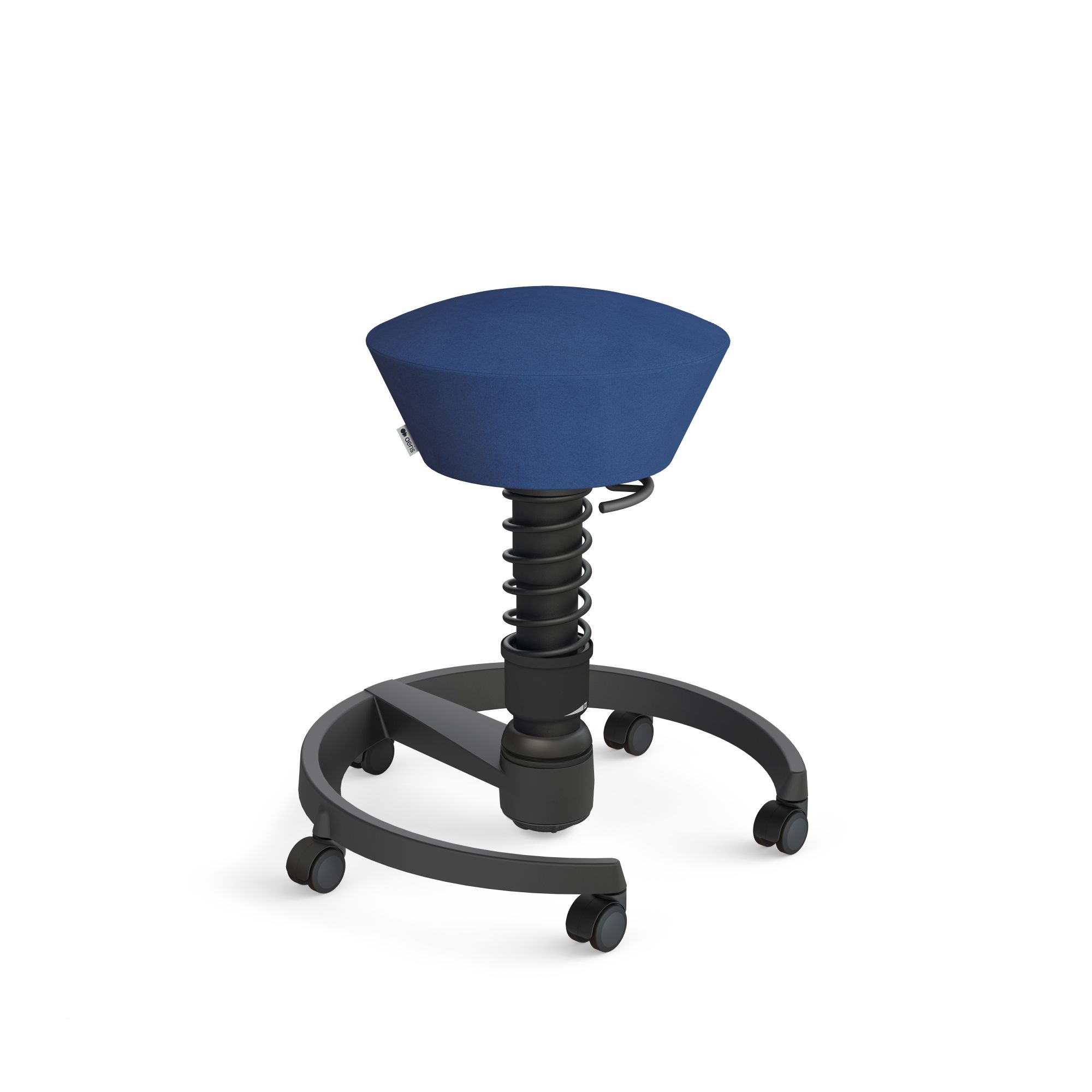 Blauer Aeris Swopper Bürostuhl mit Federung und Rollen, ergonomischer Hocker für dynamisches Sitzen.