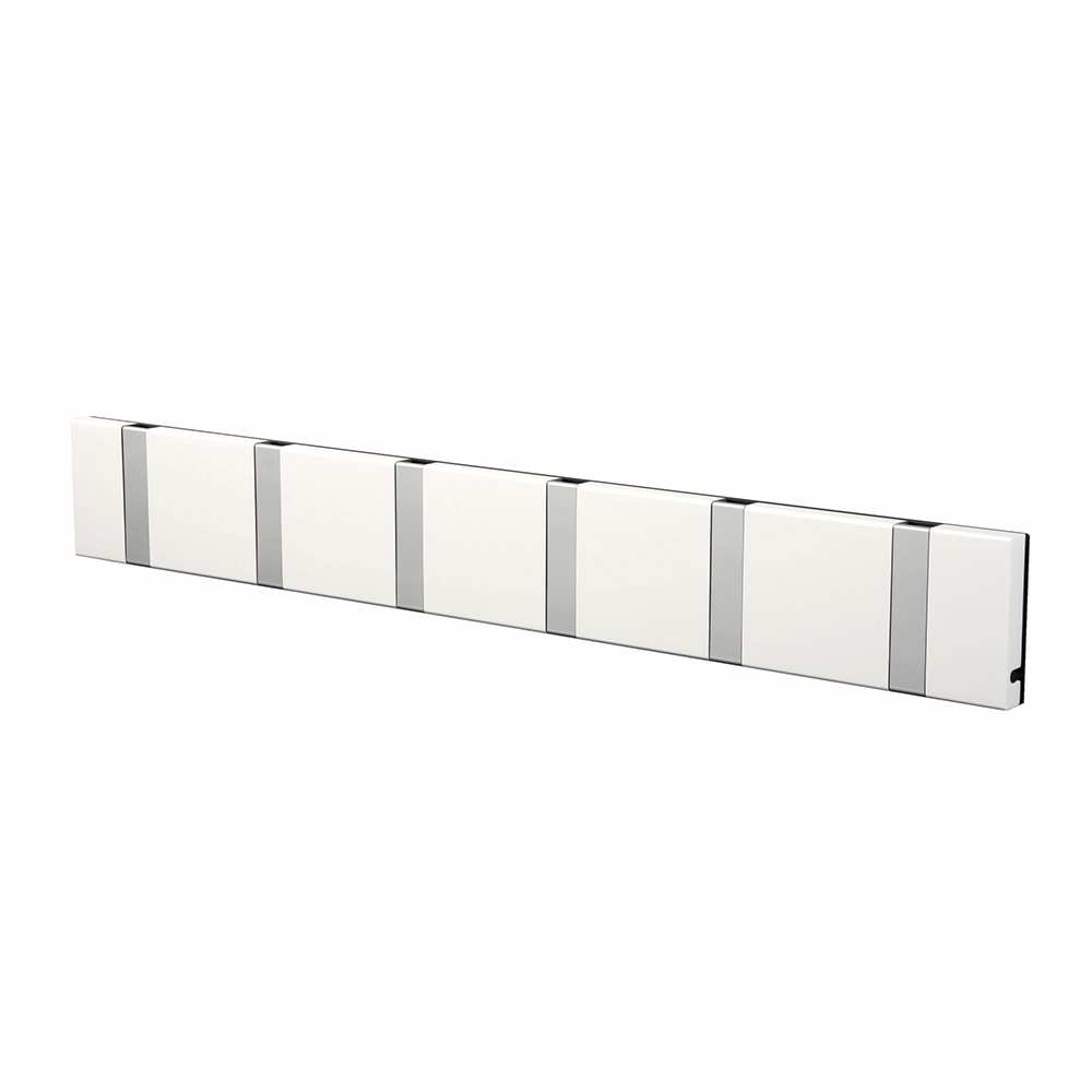 Knax Wandgarderobe, weiße Klappgarderobe mit sechs Haken, waagerechte Anordnung, modernes Design für Flur und Diele.