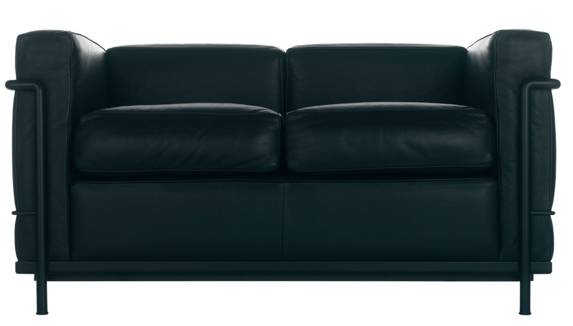 Schwarzes Cassina Zweisitzer Sofa "Grand Confort Petit Modèle" mit Lederbezug und Stahlrohrgestell, Frontansicht.