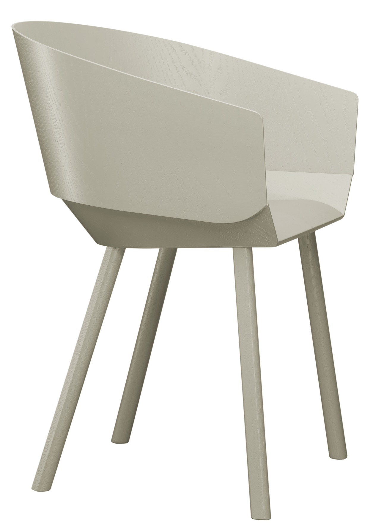 CH04 Houdini Stuhl von e15, moderner Holzstuhl in Beige mit Armlehne und vier Beinen.