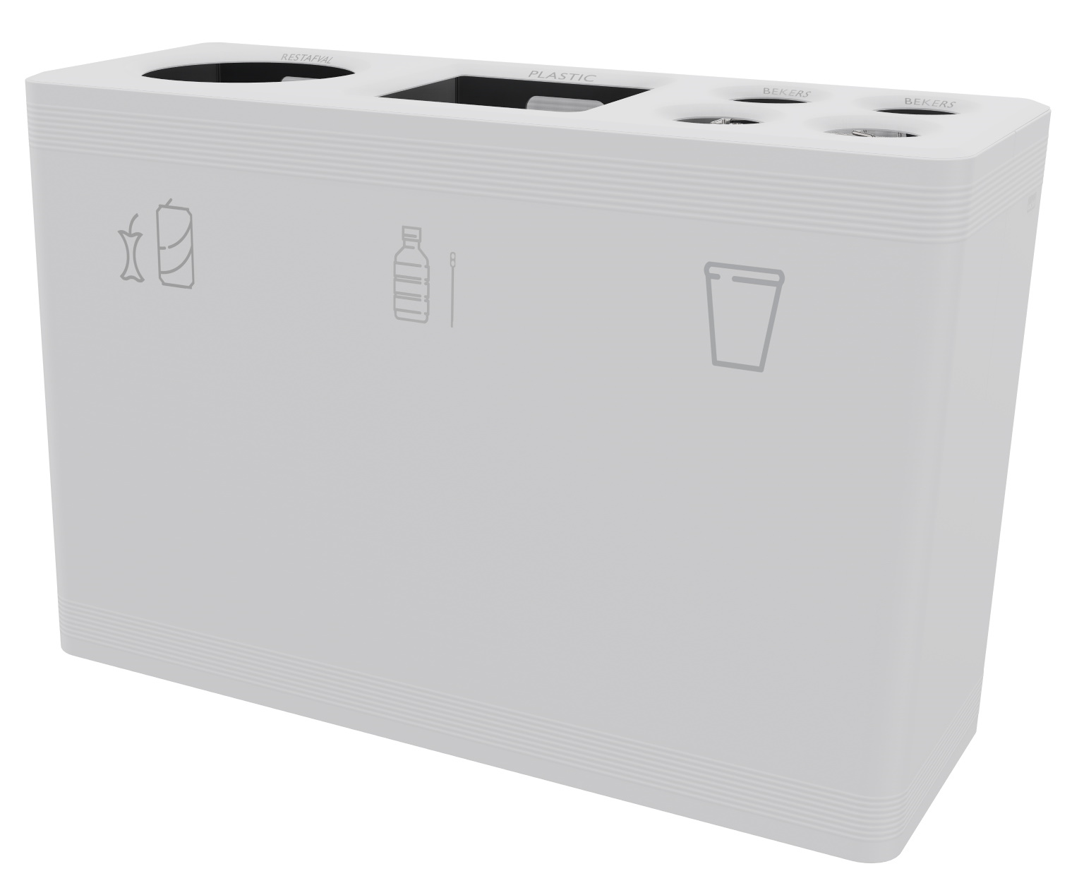 Ditch 3 Abfalltrennsystem Functionals: Weißer Mülleimer mit drei Fächern für Restmüll, Plastik und Becher.