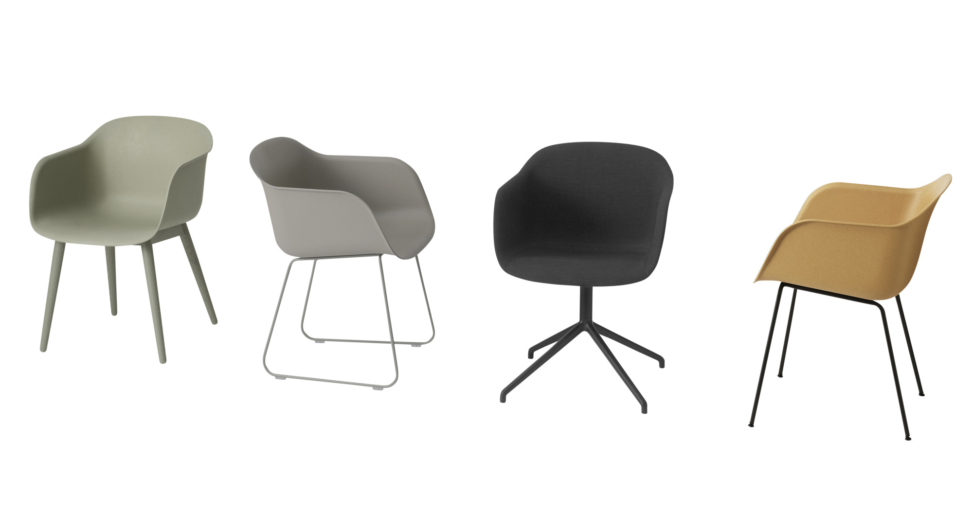Vier Muuto Fiber Armchair Stühle in verschiedenen Farben und Gestellen, modernes Design für Esszimmer und Büro.