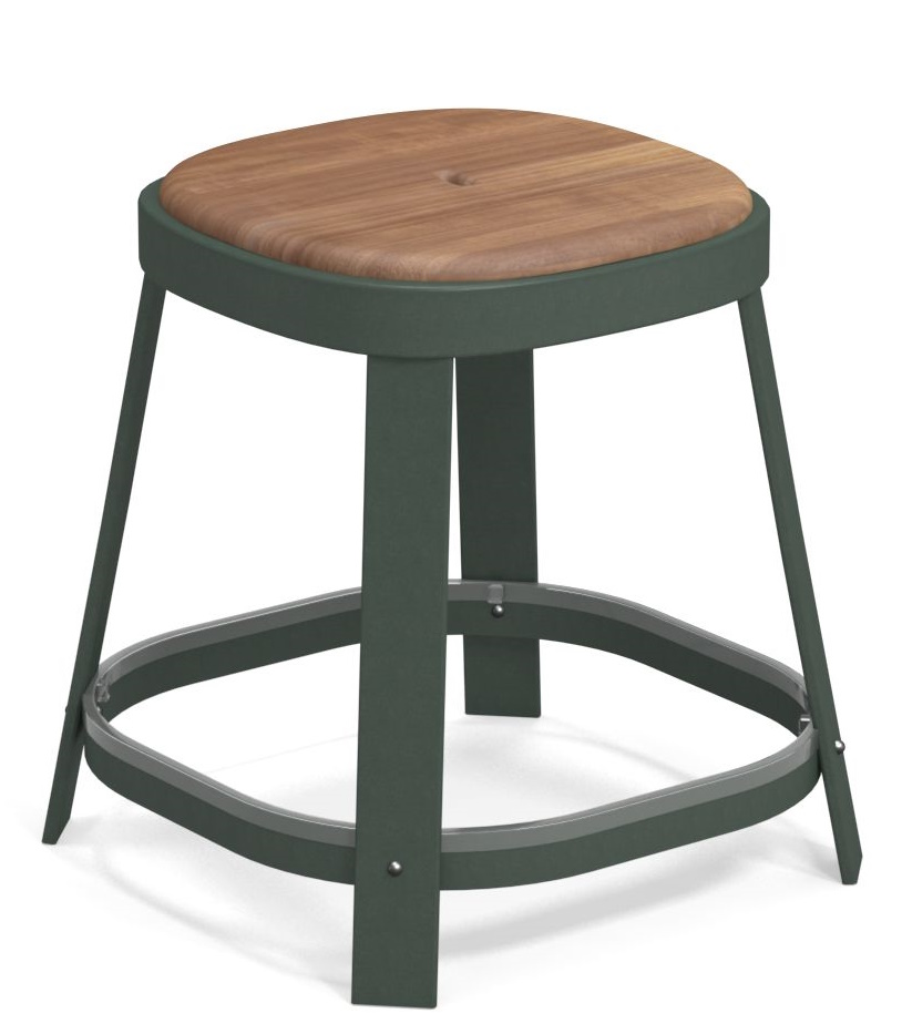 Thor Barhocker von Emu, niedriger Outdoor-Hocker mit Holz-Sitzfläche und dunkelgrünem Metallgestell.