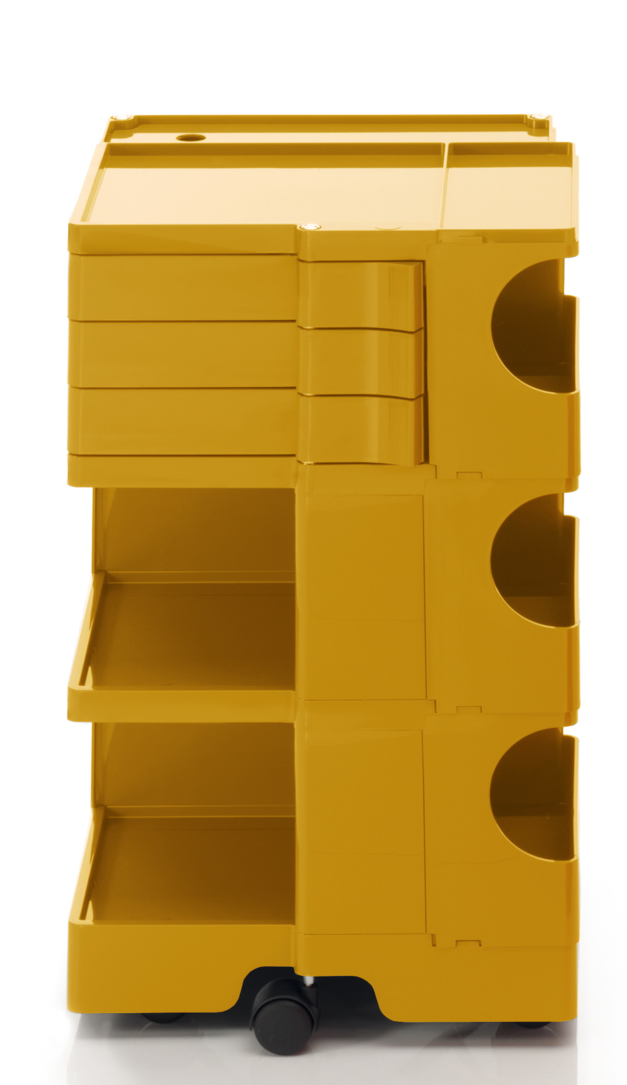 Gelber Boby Rollcontainer mit Schubladen und Fächern, ideal für Büro und Homeoffice.