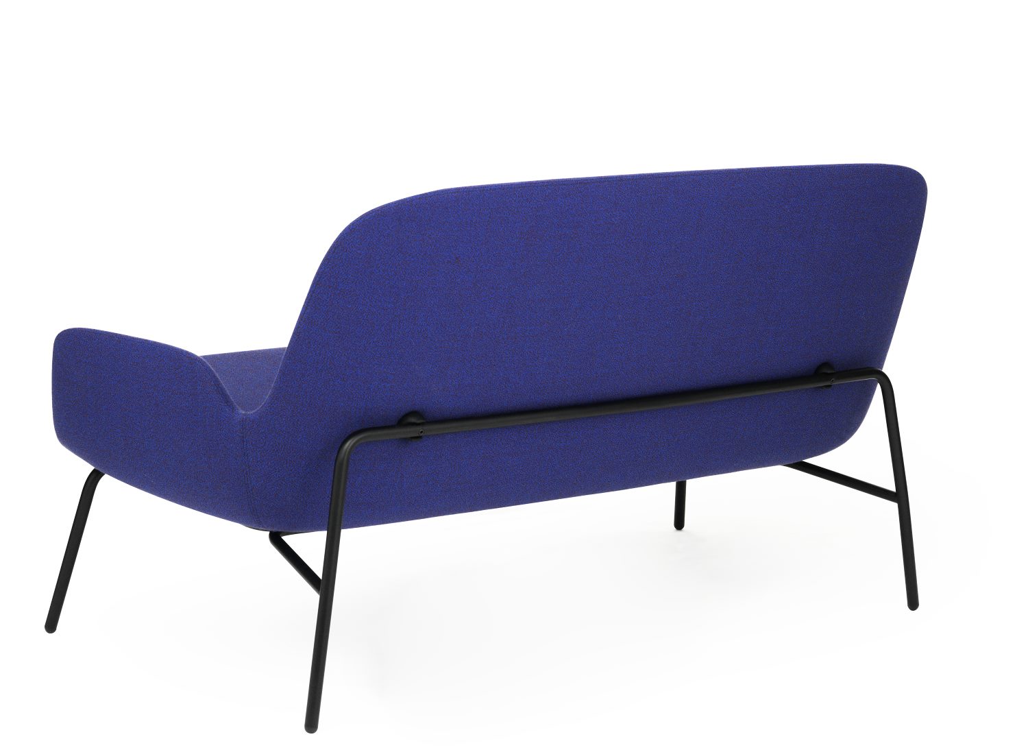 Rückansicht des Era Sofas von Normann Copenhagen mit blauem Stoffbezug und schwarzem Metallgestell.