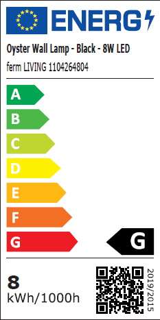 Energielabel der Oyster Wandleuchte von Ferm Living mit Energieeffizienzklasse G und 8 kWh/1000h.