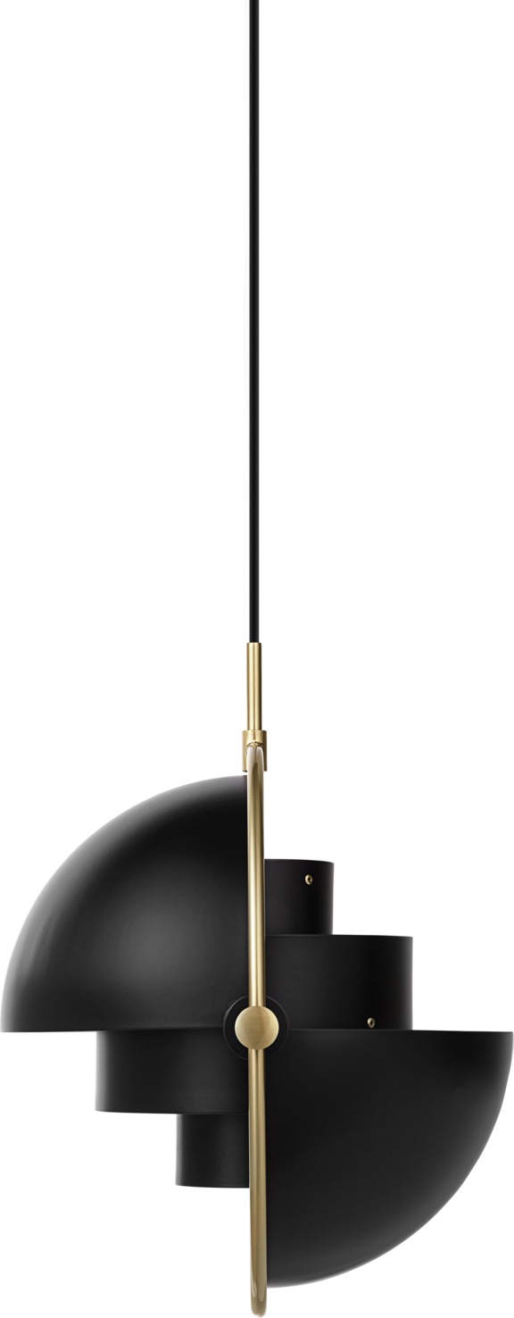 Schwarze Multi-Lite Pendelleuchte von Gubi mit goldenen Details, moderne Hängelampe für Wohnzimmer und Esszimmer.