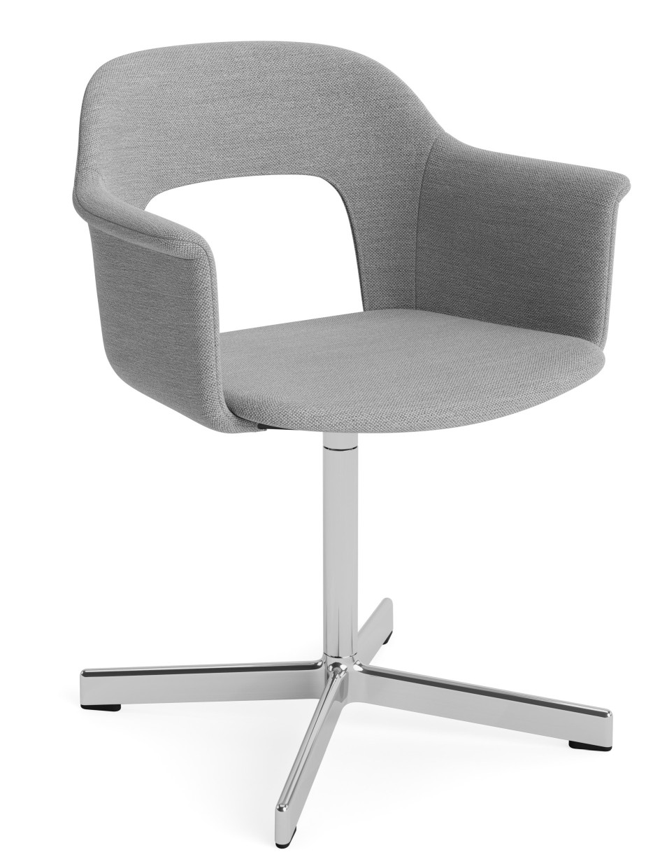 Grauer Layout Armchair 234 von Hay mit Armlehnen und verchromtem Drehfuß für modernes Wohnen.