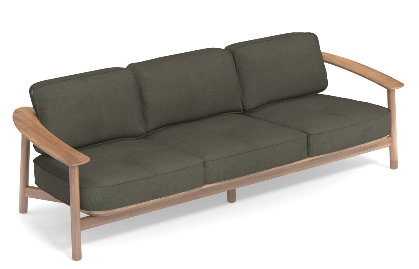 Twins Sofa Outdoor Emu: Dreisitzer Gartensofa mit olivgrünen Polstern und hellem Holzrahmen für den Außenbereich.