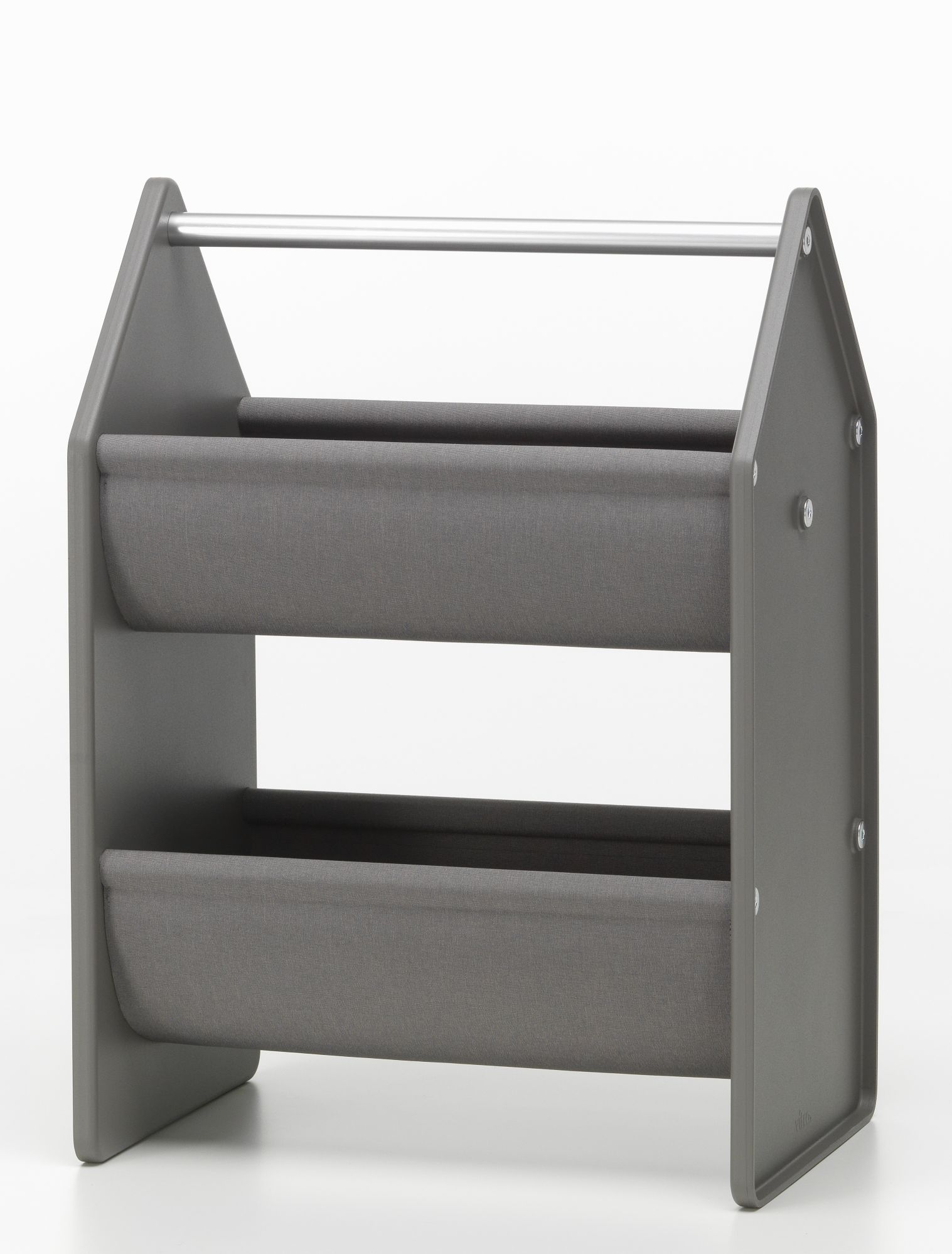Graue Vitra Drop Box Aufbewahrungsbox mit zwei Stofffächern und silberner Stange für Kinderzimmer.